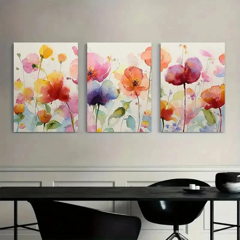 3pcs Watercolor of Colorful Flowers Modern Art Metal Print Ready to Hang Art