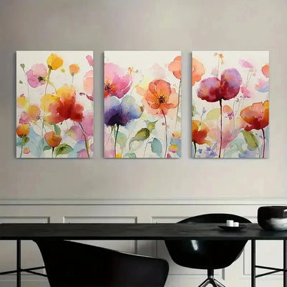 3pcs Watercolor of Colorful Flowers Modern Art Metal Print Ready to Hang Art