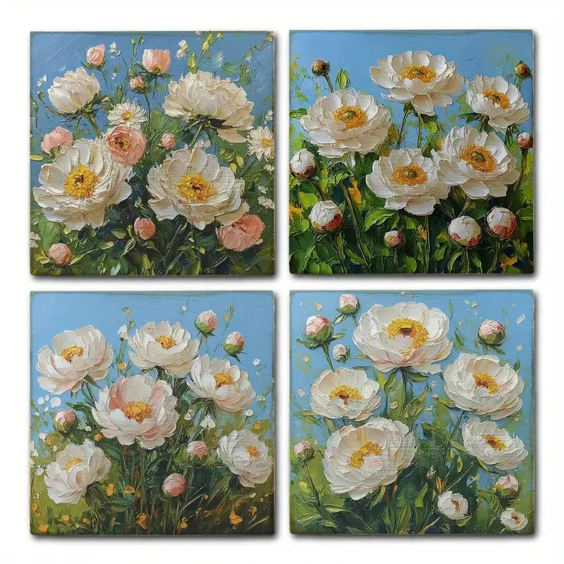 4pcs White Flower Bouquet Wall Art Canvas Framed