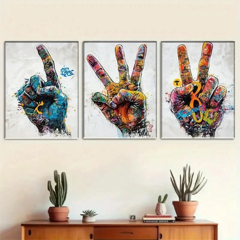 3pcs Vivid Graffiti Style Peace Hand Sign Metal Print Ready to Hang Art