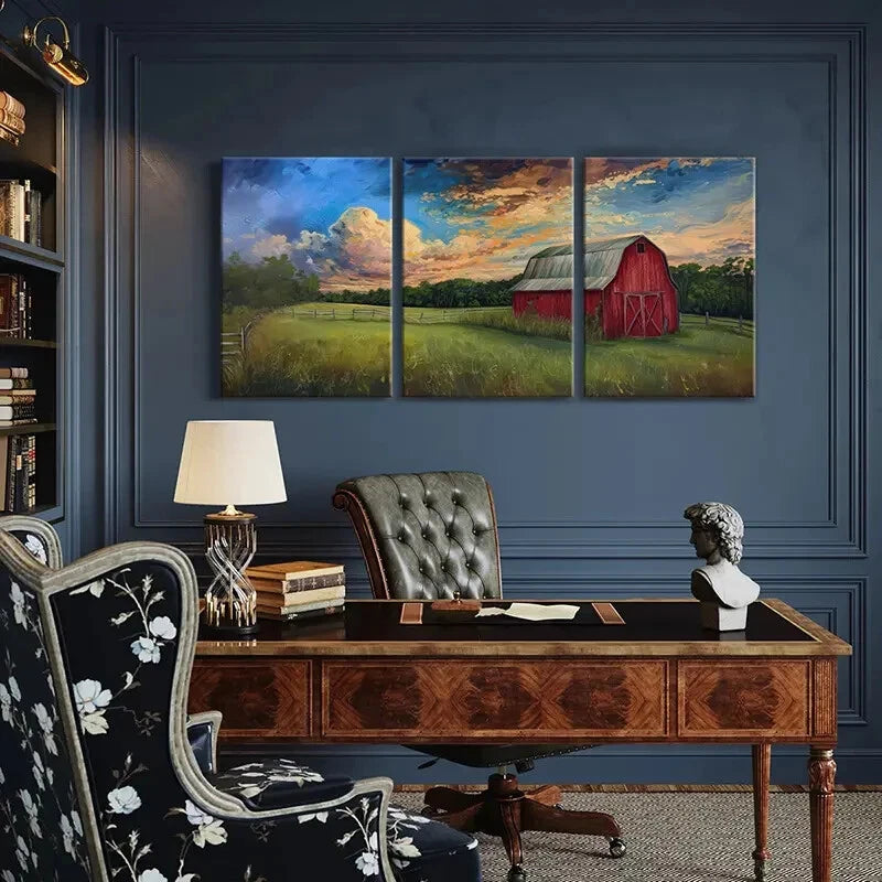 3pcs Red Barn Pastoral Landscape Vibrant Sky Metal Print Ready to Hang Art