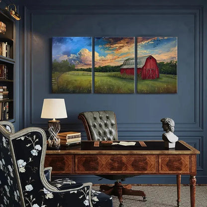 3pcs Red Barn Pastoral Landscape Vibrant Sky Metal Print Ready to Hang Art