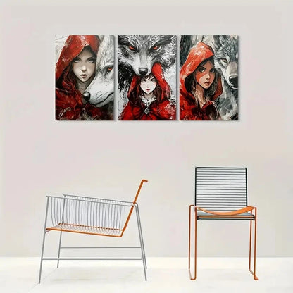 3pcs Little Red Riding Hood and the Wolf Metal Print Ready to Hang Art
