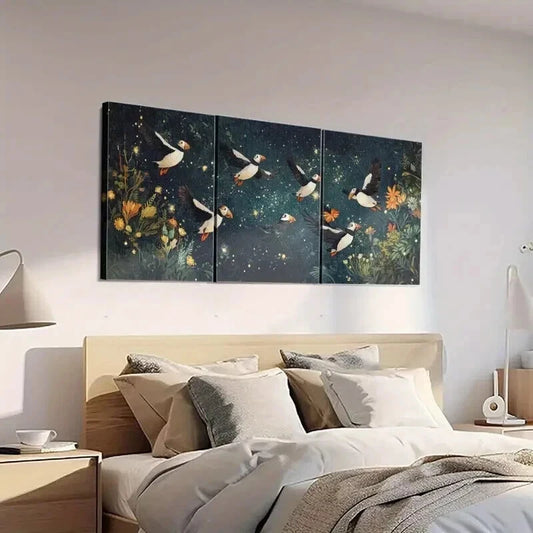 3pcs Puffins Soaring Through Night Sky Wall Art Set Canvas Framed 40x60cm - High Quality Print 100% Australian Made Wall Canvas Ready to Hang