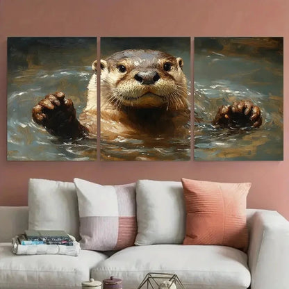 3pcs Otter in Water Wild Animal Illustration Metal Print Ready to Hang Art