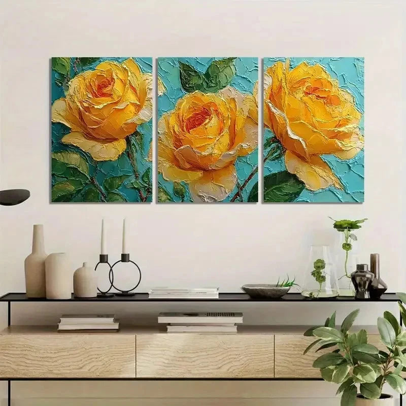 3pcs Vibrant Blue & Yellow Rose Abstract Design Metal Print Ready to Hang Art