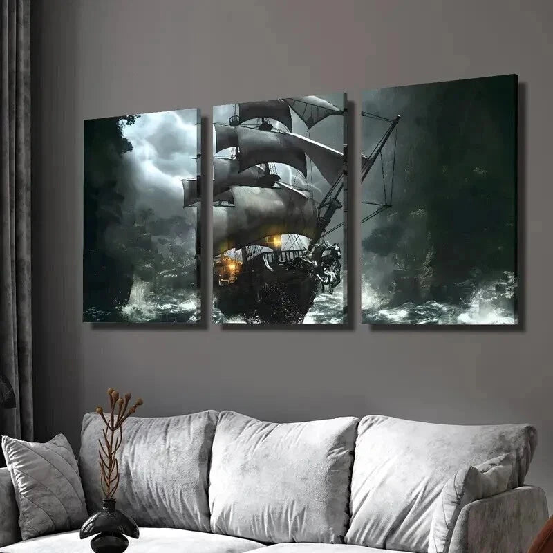 3pcs Fantasy Pirate Ship in Storm Theme Wall Art Set Canvas Framed 40x60cm - High Quality Print 100% Australian Made Wall Canvas Ready to Hang
