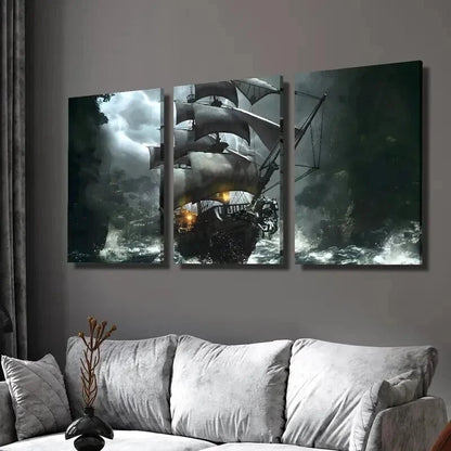 3pcs Fantasy Pirate Ship in Storm Theme Wall Art Set Canvas Framed 40x60cm - High Quality Print 100% Australian Made Wall Canvas Ready to Hang