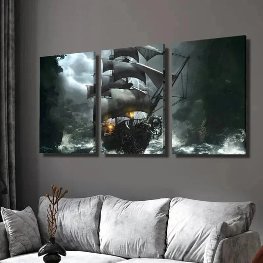 3pcs Fantasy Pirate Ship in Storm Theme Wall Art Set Canvas Framed 40x60cm - High Quality Print 100% Australian Made Wall Canvas Ready to Hang