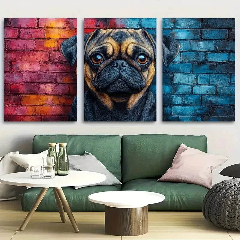 3pcs Cute Pug with Brick Wall Background Design Metal Print Ready to Hang Art