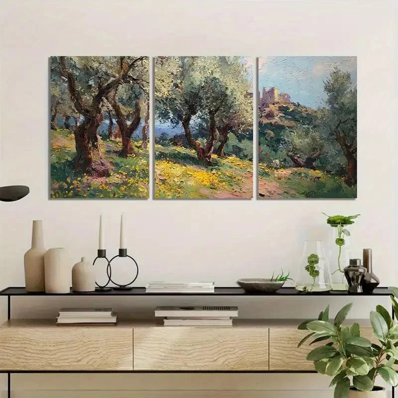 3pcs Vintage Olive Grove Nature Scene Metal Print Ready to Hang Art