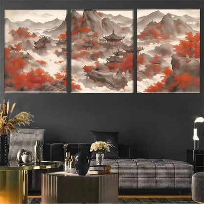 3pcs Traditional Chinese Landscape Wall Art Metal Print Ready to Hang Art