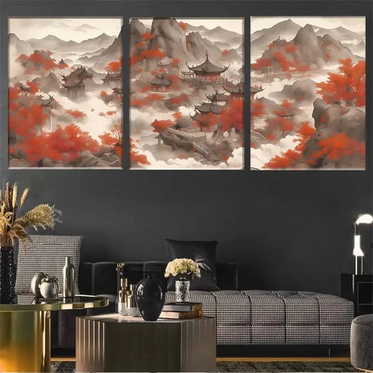 3pcs Traditional Chinese Landscape Wall Art Metal Print Ready to Hang Art