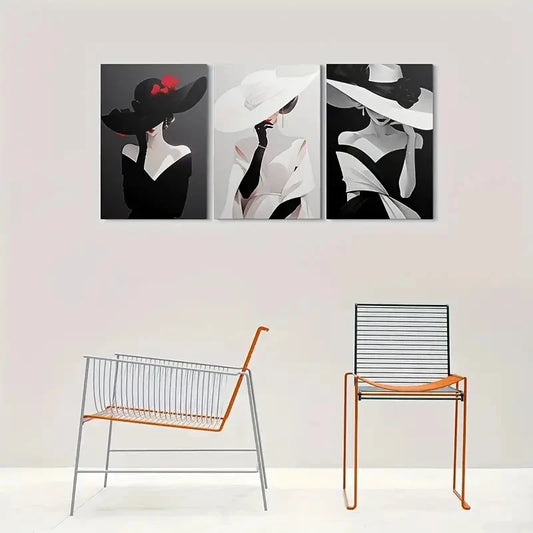 3pcs Modern Abstract Elegant Woman in Hat Metal Print Ready to Hang Art