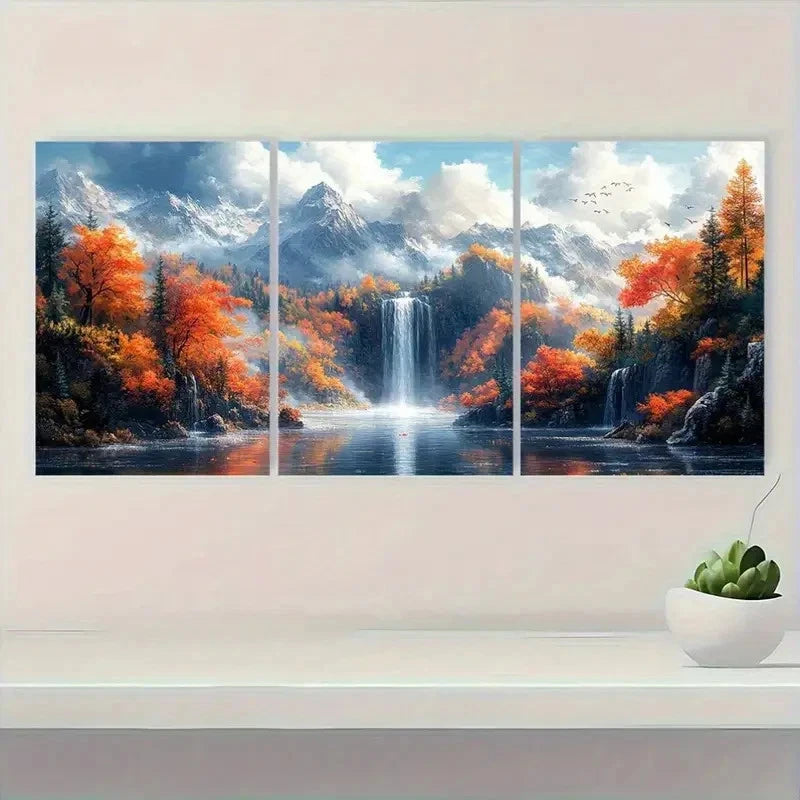 3pcs Vibrant Forest Waterfall & Misty Peaks Scene Metal Print Ready to Hang Art