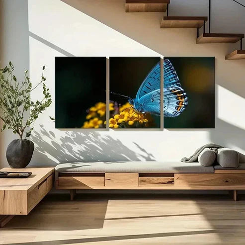 3pcs Vibrant Blue Butterfly with Yellow Flowers Wall Art Set Canvas Unframed - High Quality Print 100% Australian Made Wall Canvas