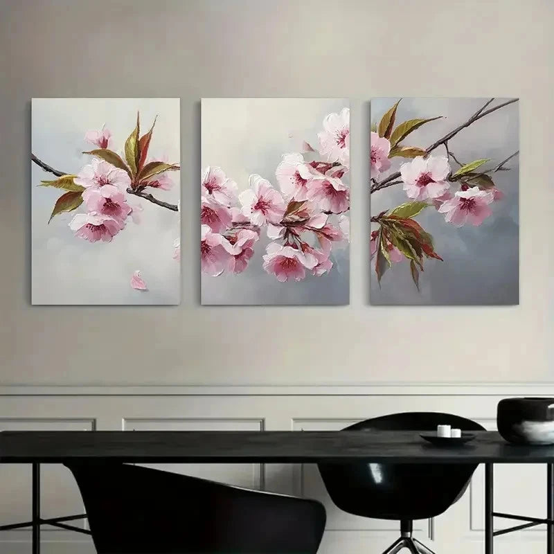 3pcs Cherry Blossom Branch with Pink Petals Metal Print Ready to Hang Art