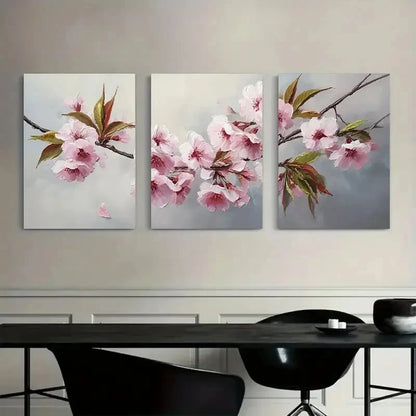3pcs Cherry Blossom Branch with Pink Petals Metal Print Ready to Hang Art