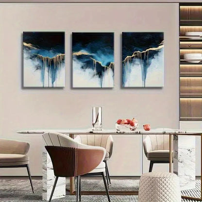 3pcs Abstract Blue and Golden Oil Painting Metal Print Ready to Hang Art