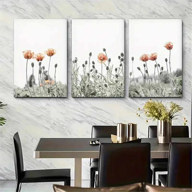 3pcs Featuring a Poppy Design Botanical Theme Metal Print Ready to Hang Art