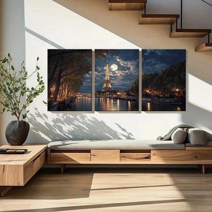 3pcs Paris Moonlit Eiffel Tower Night Scene Metal Print Ready to Hang Art