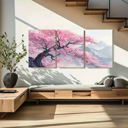 3pcs Cherry Blossom Tree & Mountain Scenery Metal Print Ready to Hang Art