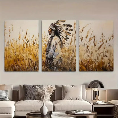 3pcs Native American Chief in Wheat Field Metal Print Ready to Hang Art