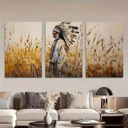 3pcs Native American Chief in Wheat Field Metal Print Ready to Hang Art