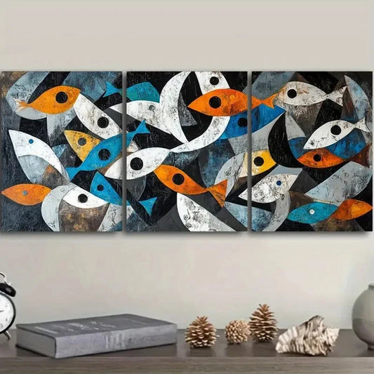 3pcs Blue White & Orange Geometric Patterns Metal Print Ready to Hang Art