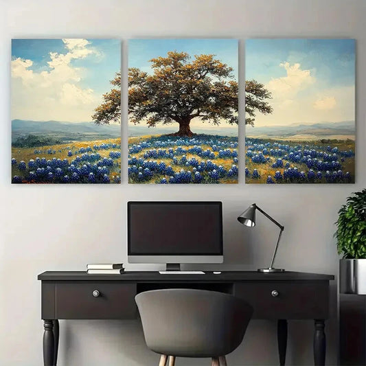 3pcs Texas Bluebonnet Flowers Landscape Metal Print Ready to Hang Art