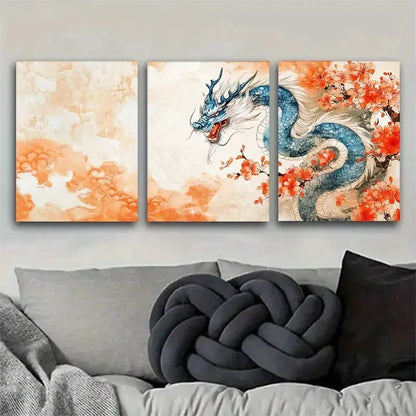 3pcs Dragon Art Vibrant Oriental-Inspired Metal Print Ready to Hang Art