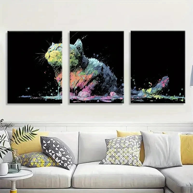 3pcs Vibrant Abstract Cat Modern Ink Splash Metal Print Ready to Hang Art