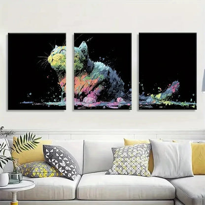 3pcs Vibrant Abstract Cat Modern Ink Splash Metal Print Ready to Hang Art
