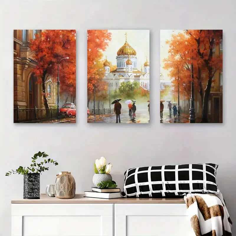 3pcs European Architecture Painting with Golden Metal Print Ready to Hang Art