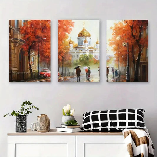 3pcs European Architecture Painting with Golden Metal Print Ready to Hang Art