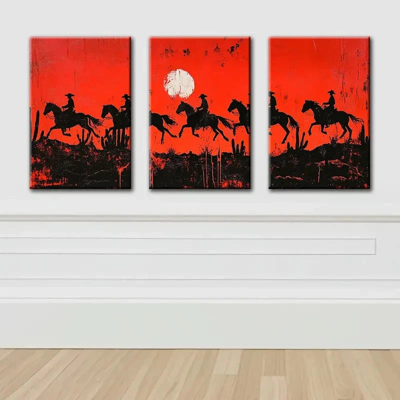 3pcs Sunset Cowboy Theme Wall Art Set Canvas Framed 60x90cm - High Quality Print 100% Australian Made Wall Canvas Ready to Hang