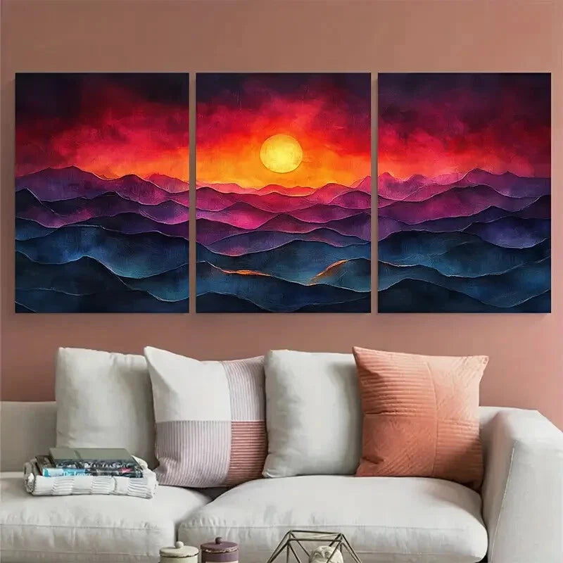 3pcs Abstract Style Landscape At Dusk Inspired Metal Print Ready to Hang Art
