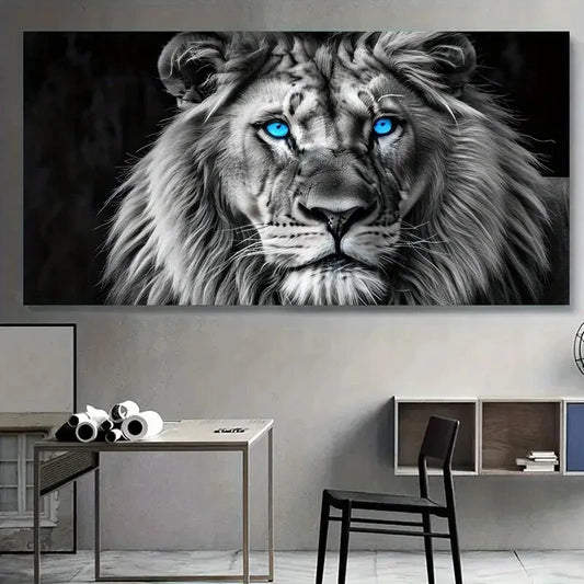 Black Lion with Blue Eyes wall canvas office home room framed 120x60cm - Bella Home Decor