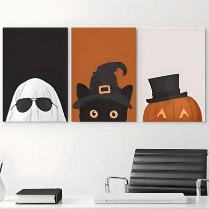 3pcs Spooky Ghost Witch Hat and Jack-O'-Lantern Metal Print Ready to Hang Art