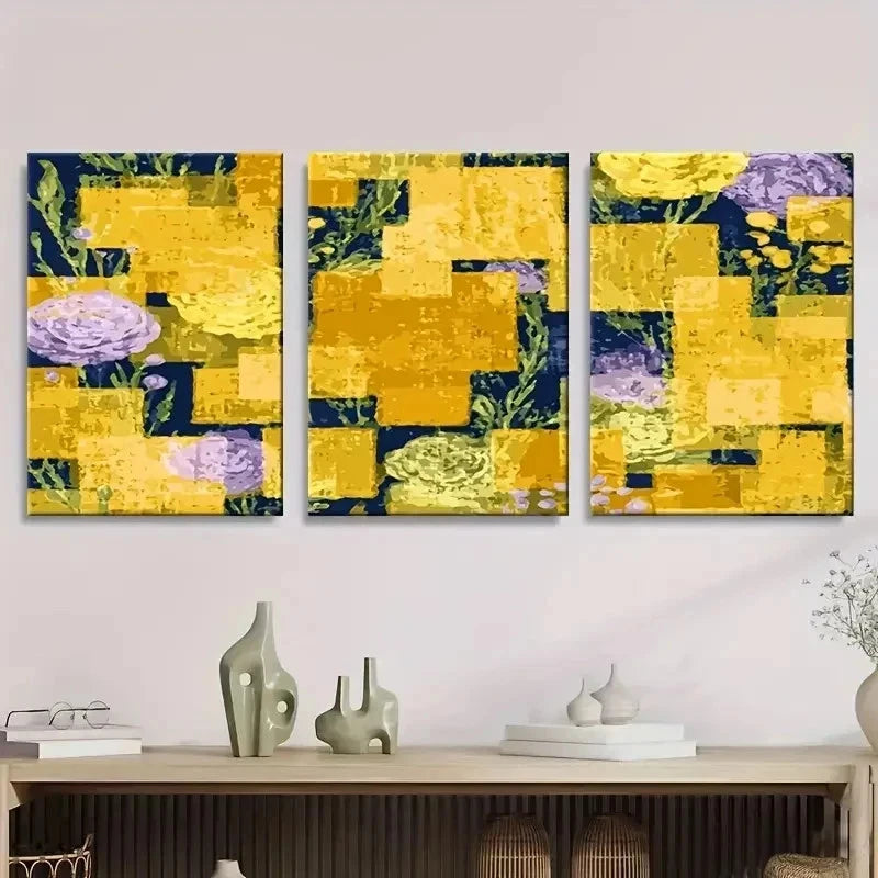 3pcs Abstract Yellow Flat Pattern Wall Art Set Canvas Framed 60x90cm - High Quality Print 100% Australian Made Wall Canvas Ready to Hang