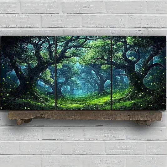 3pcs Fireflies In The Forest Green Leaves Metal Print Ready to Hang Art
