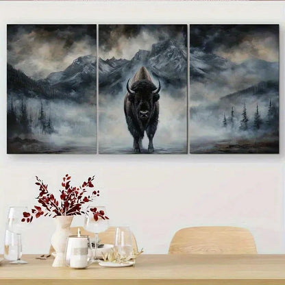 3pcs Bison in Foggy Mountain Landscape Metal Print Ready to Hang Art