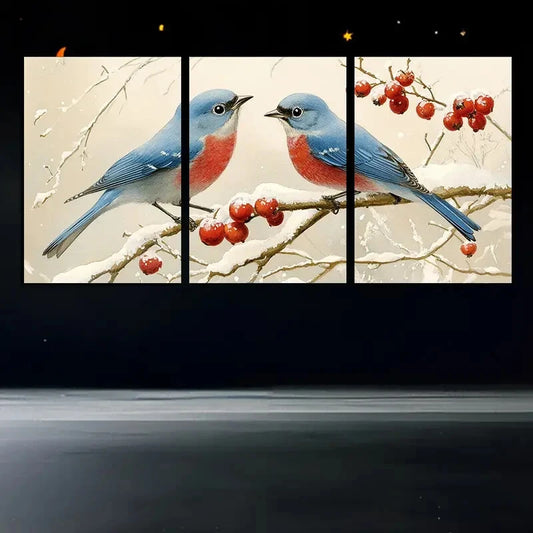 3pcs Bluebirds and Berries in Soft Color Palette Metal Print Ready to Hang Art