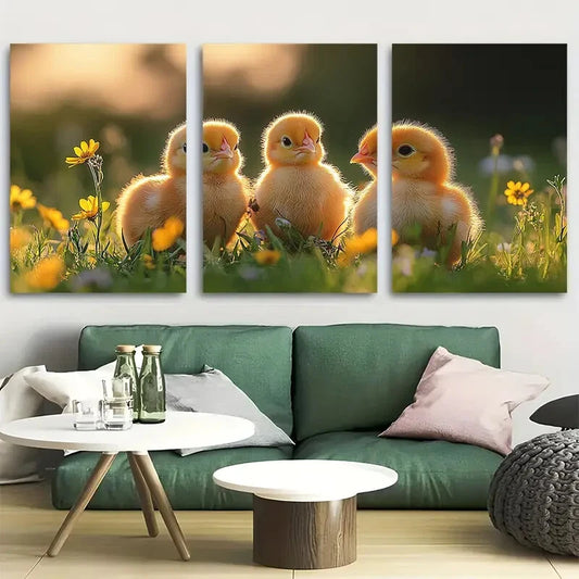 3pcs Yellow Baby Chicks and Wildflowers Metal Print Ready to Hang Art