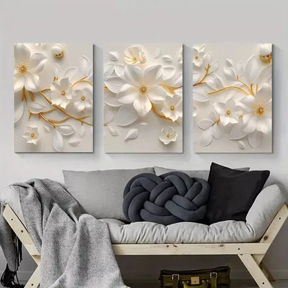 3pcs White Floral Paper Art with Golden Canvas Framed 60x90 cm - High Quality Print 100% Australian Made Wall Canvas Ready to Hang