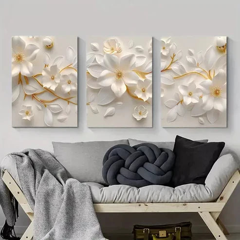 3pcs White Floral Paper Art with Golden Canvas Framed 60x90 cm - High Quality Print 100% Australian Made Wall Canvas Ready to Hang