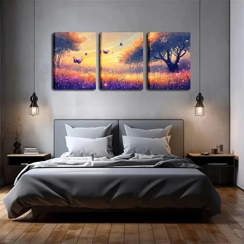 3pcs Sunset & Butterflies Landscape Painting Wall Art Set Canvas Framed 40x60cm - High Quality Print 100% Australian Made Wall Canvas Ready to Hang