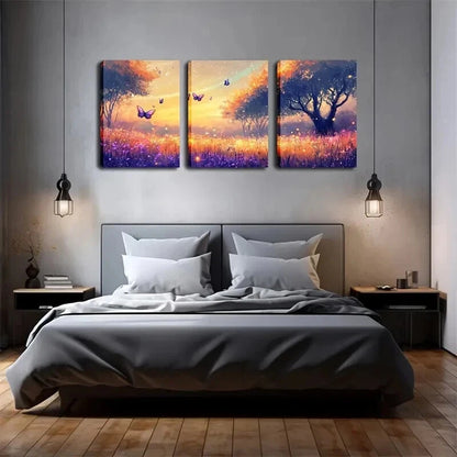 3pcs Sunset & Butterflies Landscape Painting Wall Art Set Canvas Framed 40x60cm - High Quality Print 100% Australian Made Wall Canvas Ready to Hang