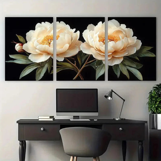 3pcs Elegant White Peony Botanical Design Metal Print Ready to Hang Art