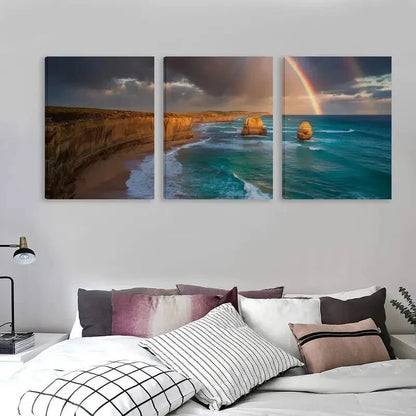 3pcs Rainbow Over Ocean Australian Beach Scene  Wall Art Set Canvas Framed 60x90cm - High Quality Print 100% Australian Made Wall Canvas Ready to Hang